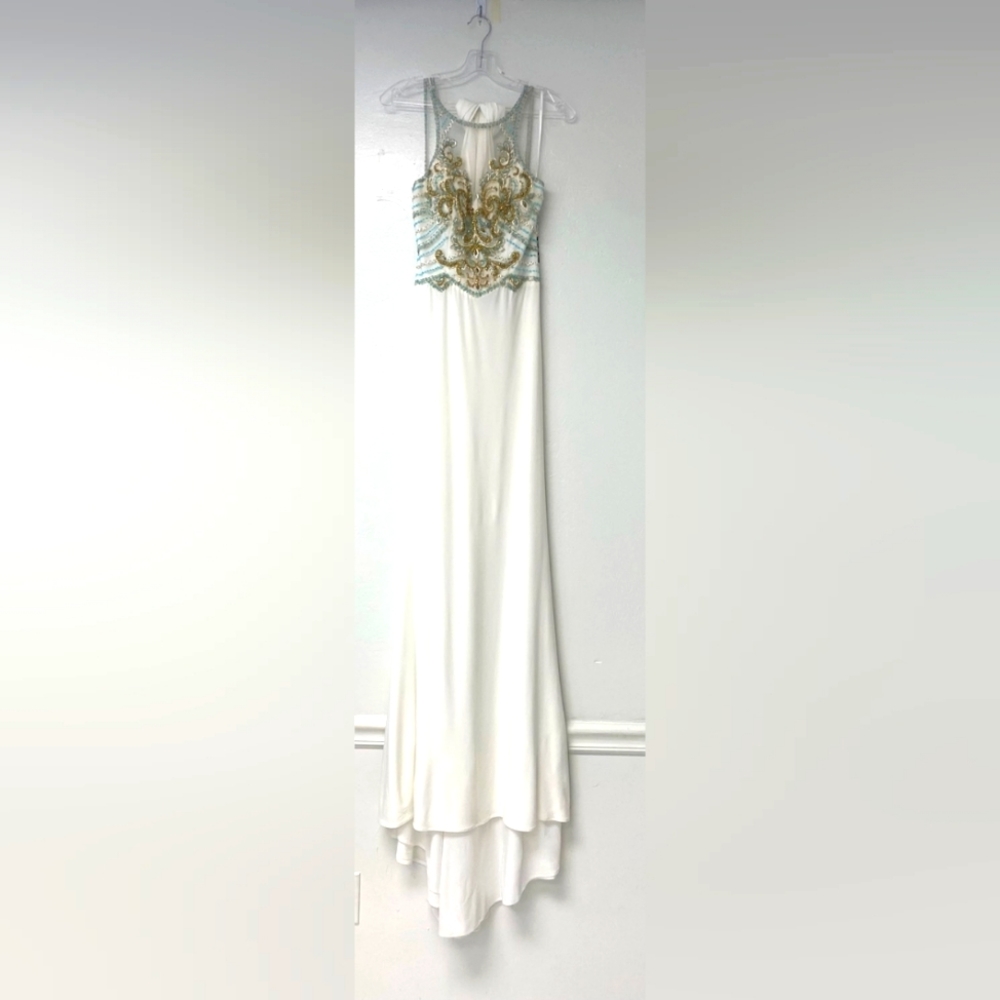 Eva Halter Gown, Size XS, Off White w multi color stones